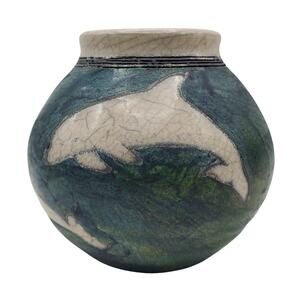 Ben Diller Raku Pottery Dolphin Vase Signed Artist Ceramic Pot Ocean Marine Life